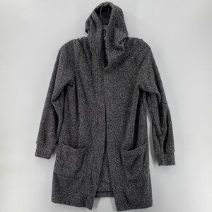 Reitmans Cardigan Womens Small Open Front Side Pockets Hood Black Grey Long